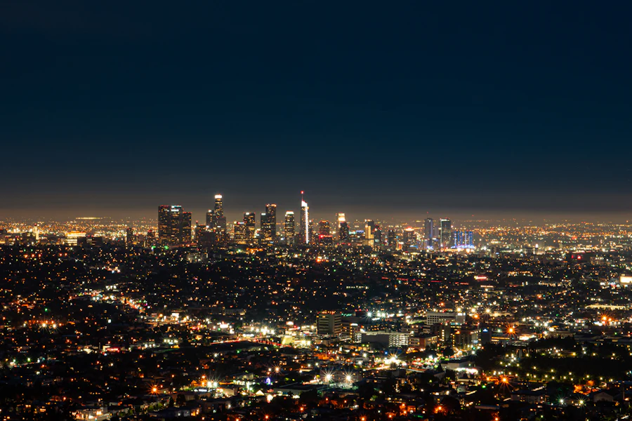 City skyline at dusk representing cloud computing connectivity